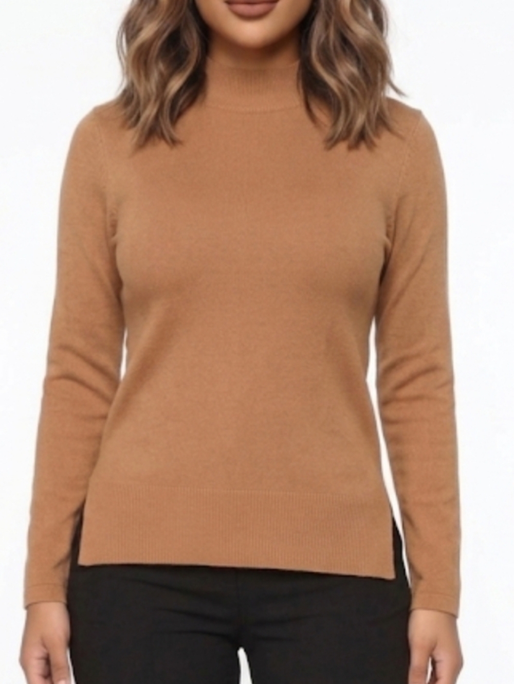 Silk Coldwater Creek Mock Neck Blouse Large Tan Long Sleeve Slinky Office Siren